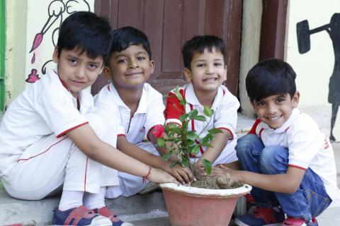Team of students planting  plant on pot