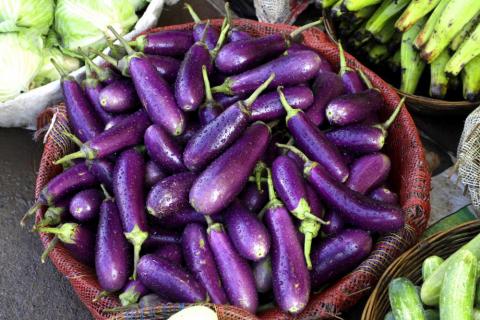 Top-down view of a heap of Brinjal