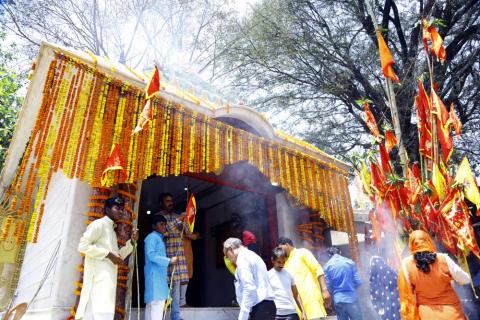 Beautiful hindu temple with flag