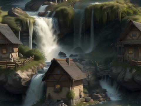 Village and waterfall